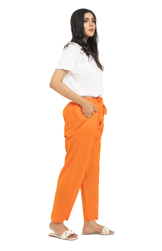 Casual Cotton Trousers with Pockets and Drawstrings in Orange